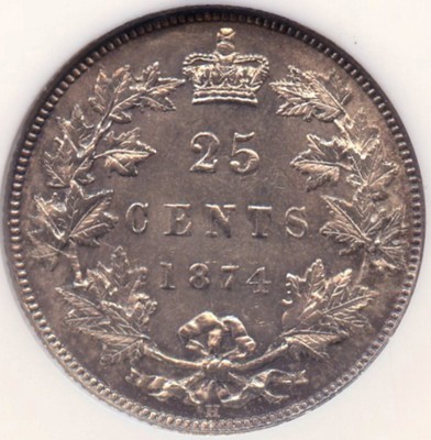 1874 'H' Canada 25 Cent Silver Coin in NGC Slab Graded MS 62