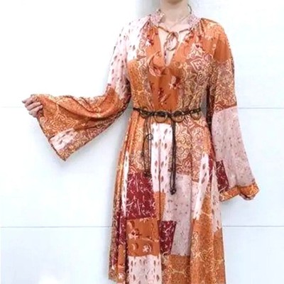 Zara Oversized Multi Western Patchwork Dress Boho L 70s Hippy Festival Gypsy