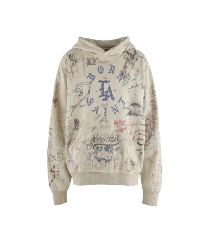 Saint Michael x Born & Raised Hooded Sweatshirt Hoodie Gray Cotton Pullovers