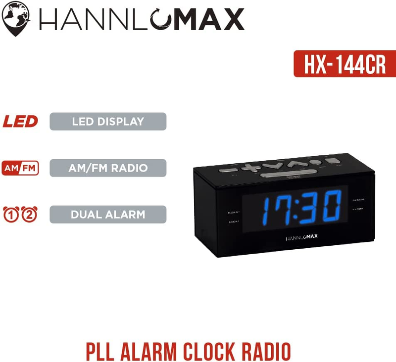 HANNLOMAX HX-144CR Alarm Clock Radio, PLL AM/FM Radio, 1.2&rdquo; Blue LED Display, Di