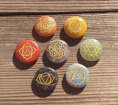 NATURAL 7 CHAKRA GEMSTONE ENGRAVED ROUND  DISK SET 