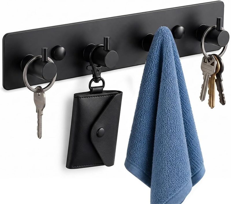 Wall Mount Key Holder Hooks, Self‑Adhesive 4‑Hook Multi‑Purpose Storage