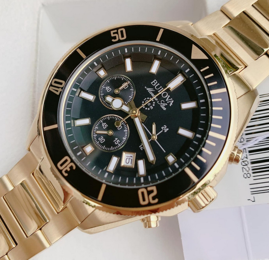Pre-owned Bulova Marine Star Gold Tone Men's Black Dial Chronograph Watch 98b250