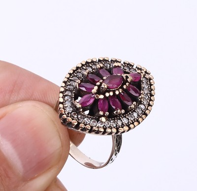 ALMOND TURKISH SIMULATED RUBY .925 SILVER & BRONZE RING SIZE 8 #36590