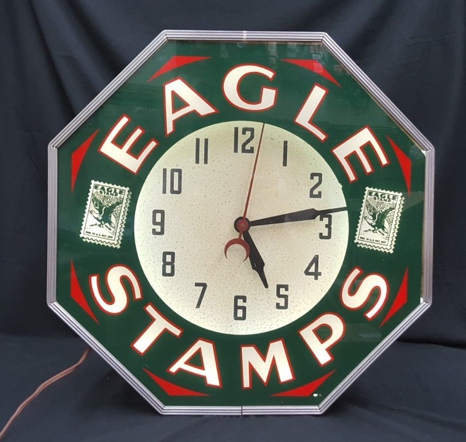 Vintage Eagle Stamps Octagon Shaped Large Neon Electric Wall Clock