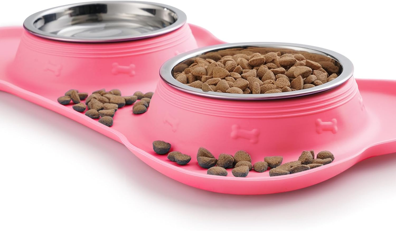 Pet Dog Bowls 2 Stainless Steel Dog Bowl with No Spill  (S, Pink)