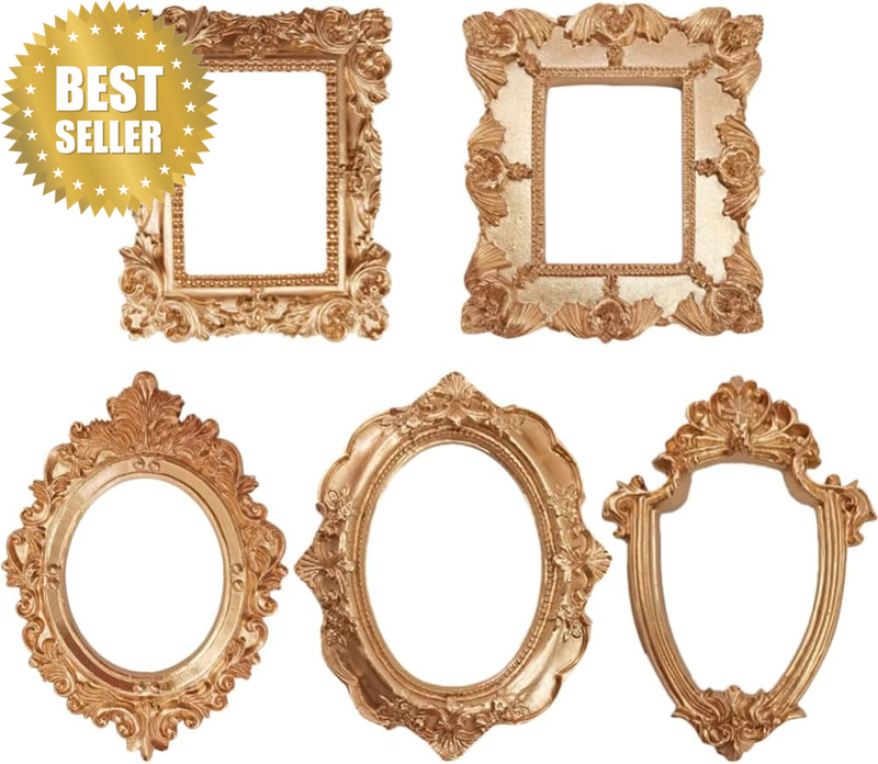 5 Pcs Mini Gold Picture Frames, Vintage Baroque Resin Photo Frame Set for Jewelr