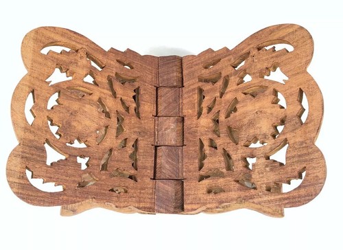 Ornate Carved Wood BOOK HOLDER Vtg Folding BIBLE Cookbook STAND INDIA Sheesham