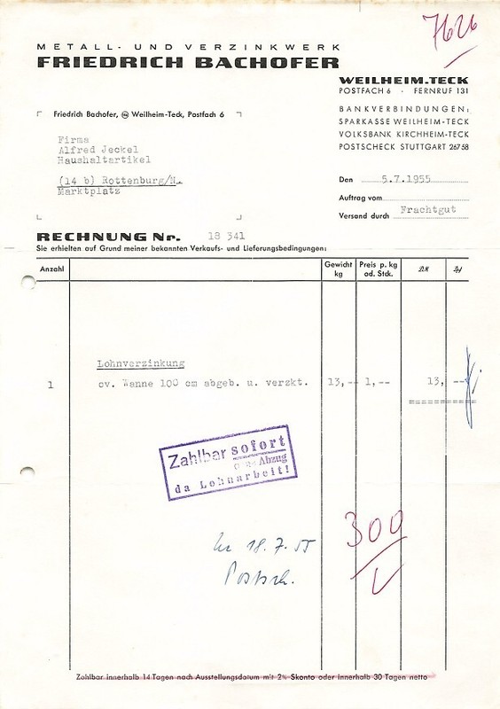 Alte Rechnung Quittung 1955 Friedrich Bachofer Metall Verzinkwerk Weilheilm Teck