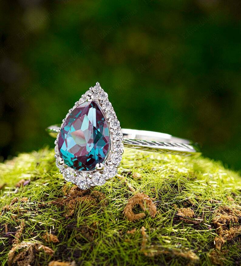 Pre-owned Handmade Vintage Alexandrite Engagement Ring Pear Shaped Women White Gold Engagement Ring In Blue