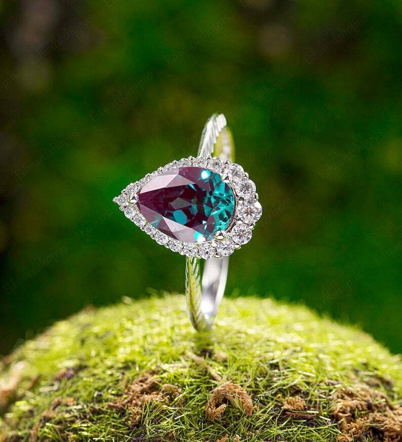 Pre-owned Handmade Vintage Alexandrite Engagement Ring Pear Shaped Women White Gold Engagement Ring In Blue