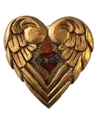 SACRED HEART with Wings, Winged Mexican Corazon. Angel Wings Heart Gold Leaf