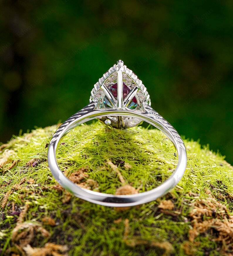 Pre-owned Handmade Vintage Alexandrite Engagement Ring Pear Shaped Women White Gold Engagement Ring In Blue