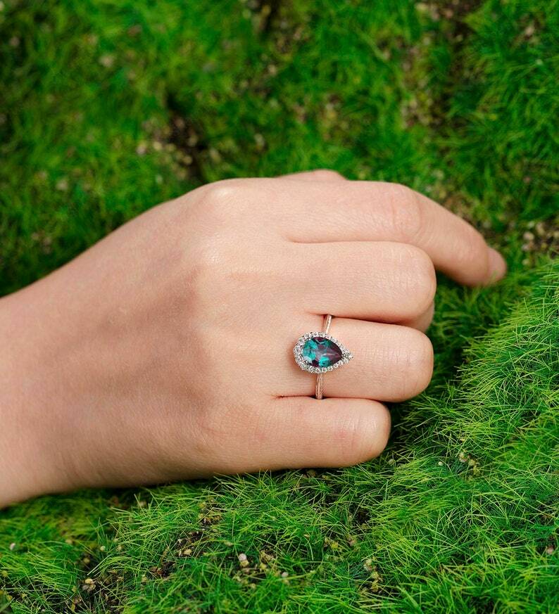 Pre-owned Handmade Vintage Alexandrite Engagement Ring Pear Shaped Women White Gold Engagement Ring In Blue