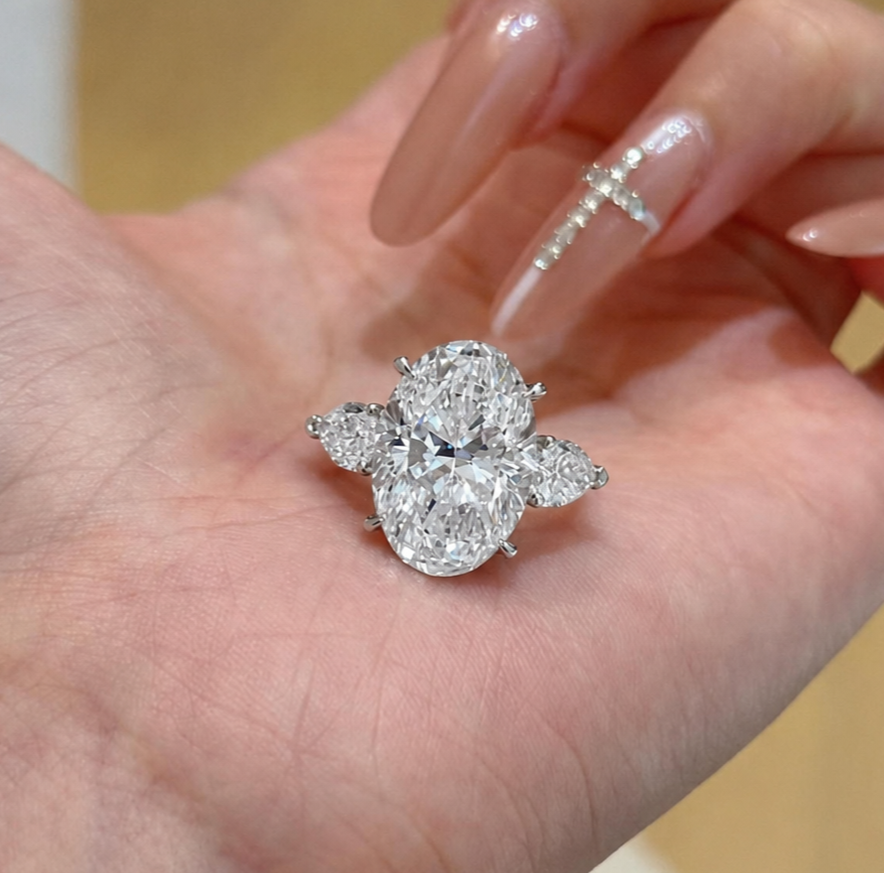 5.60CT Oval-Cut EF/VS1 Lab Grown Diamond Three Stone Promise Ring 14K White Gold