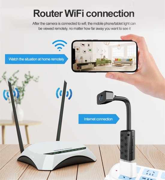 Remote home monitoring setup with WiFi router and camera.