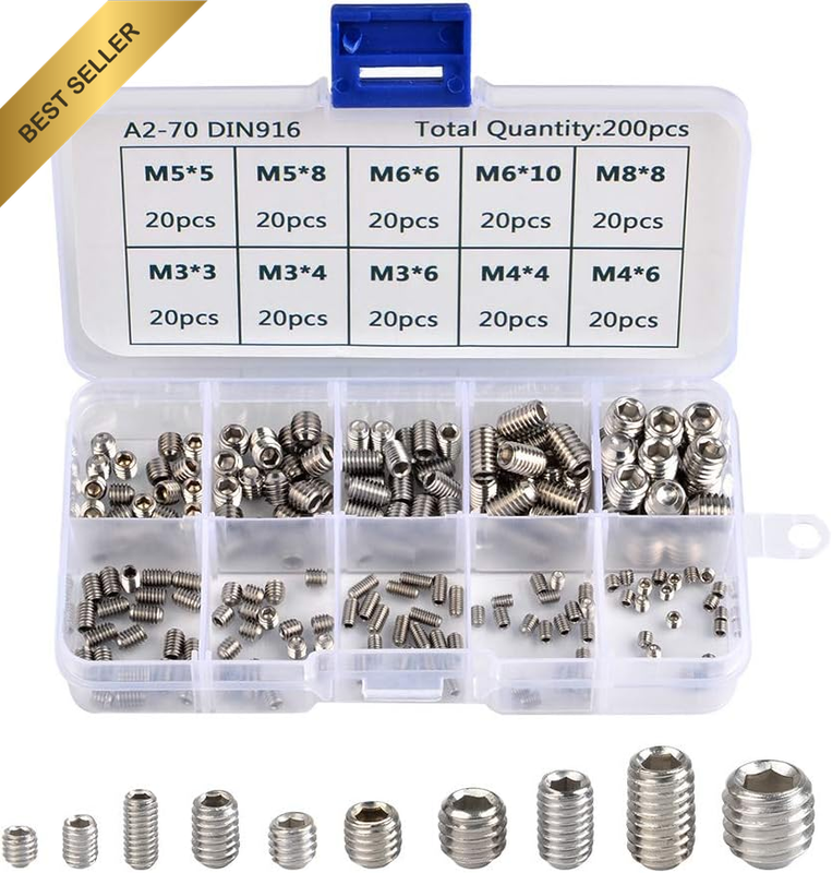200Pcs M3 M4 M5 M6 M8 Allen Head Socket Hex Grub Screw Set Cup Point Assortment