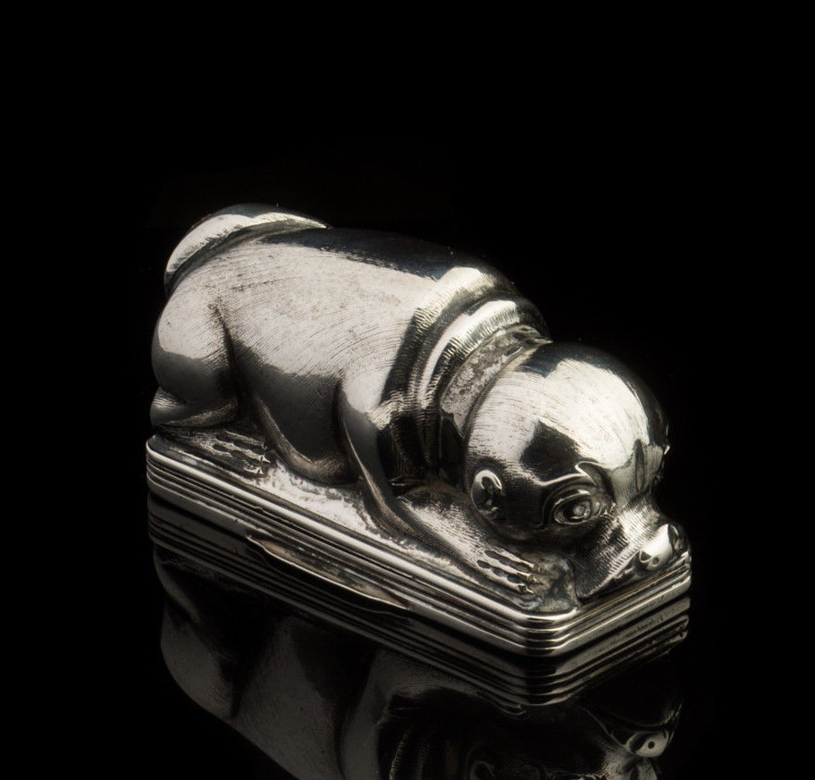 Russian Snuff Box Silver Pug Dog Form Novelty 19th Century Antique
