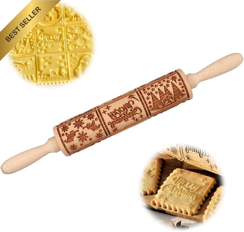 1 Pcs Christmas Embossed Rolling Pin, Beech Rolling Pin, Christmas Baking Suppli