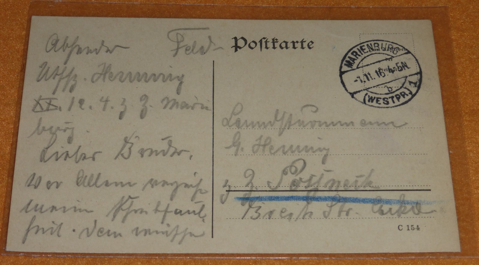 Marienburg Westpreu�en Feldpost 1916 Landsturmmann G. Henning P��neck Th�ringen