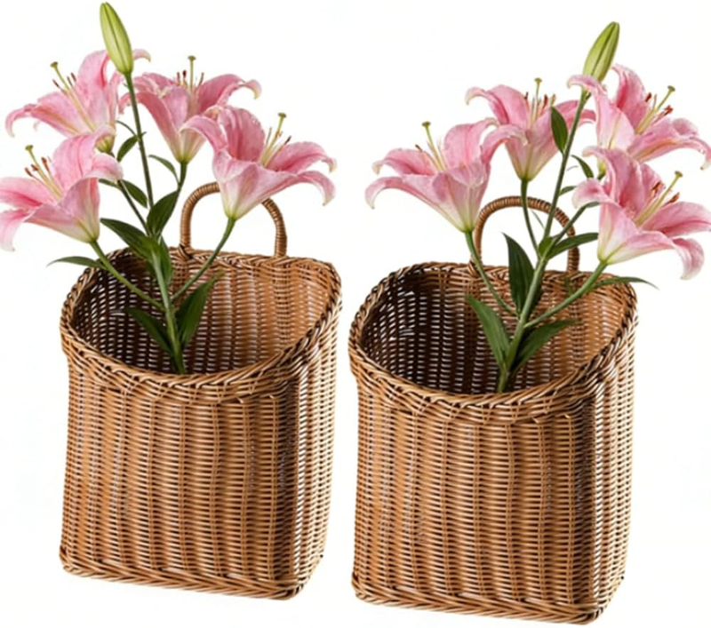2 Pcs Woven Hanging Wicker Basket, Vintage Handmade Front Door Decorative Basket