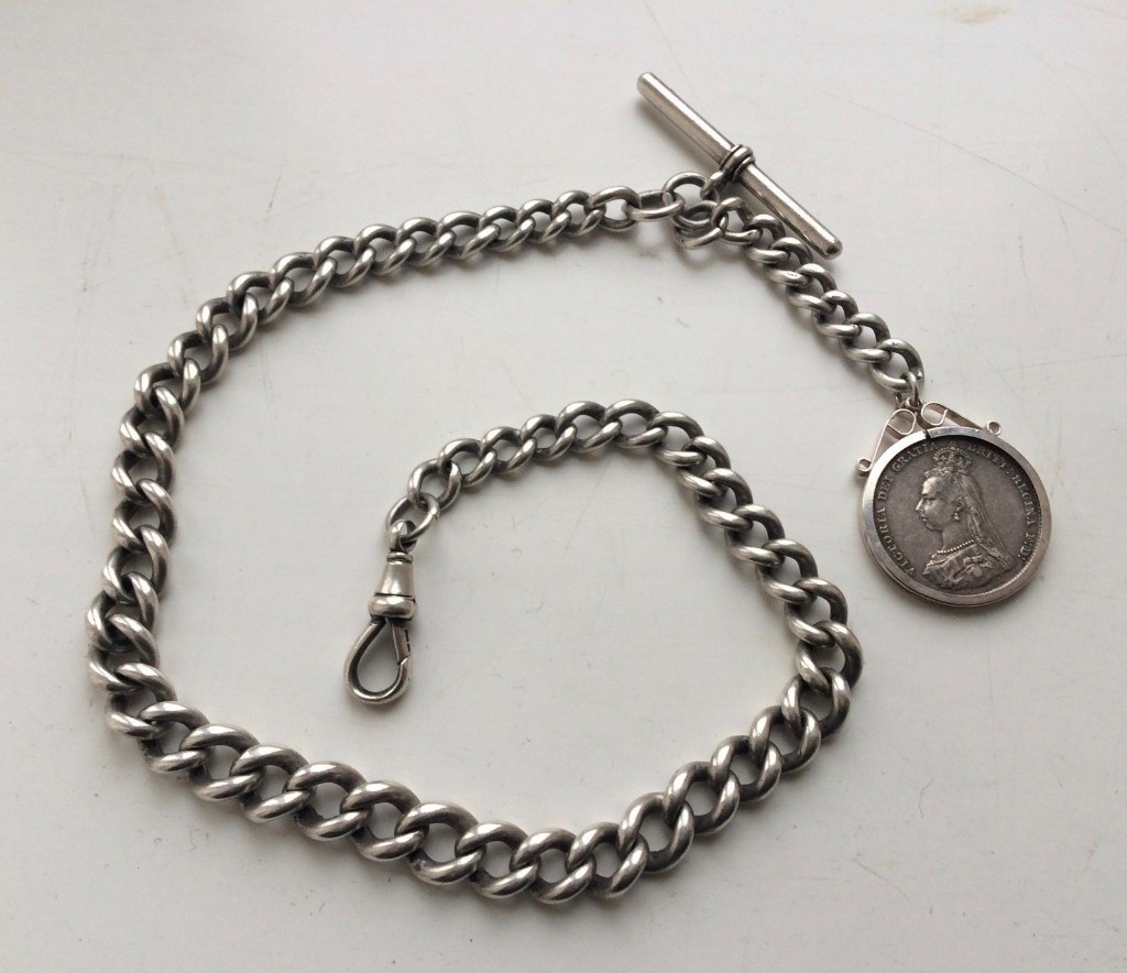 Antique large heavy Silver pocket watch Albert chain, T bar 1884
