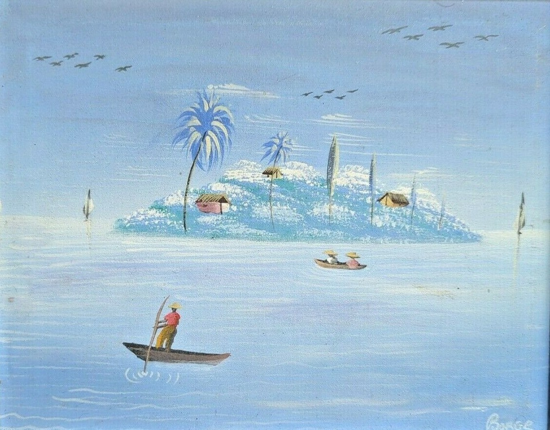 Collectible Haitian Folk Art Naif BIJOUX Painting BORGE Haiti fisherman island