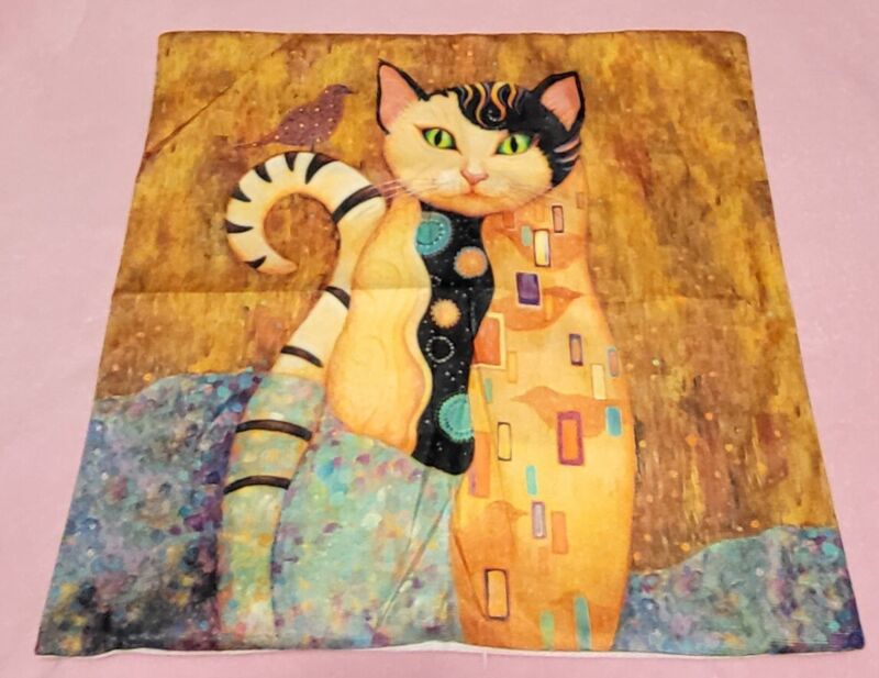 Cat Pillow Cover. Similar to Laurel Burch Art. NEW 17×17" soft polyester & zip..