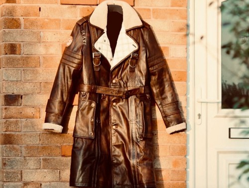 Pre-owned Vintage Battle Fallout Coat Cosplay Costume Trench Overcoat, Real Fur Collar 100% Leath In Brown