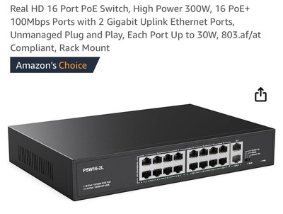 16 Port PoE+Switch w/2 Gigabit Uplink Ethernet Ports Unmanaged 300W 803.af/at
