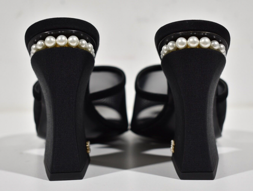 Pre-owned Chanel 22a Black Mesh Pearl Cc Logo Block Heel Backless Mule Sandal Pump 41