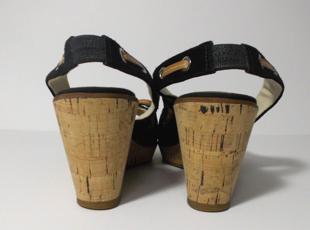Sperry Top Sider Wedge Heel Canvas Peep Toe Black Womens Shoes Size 9.5