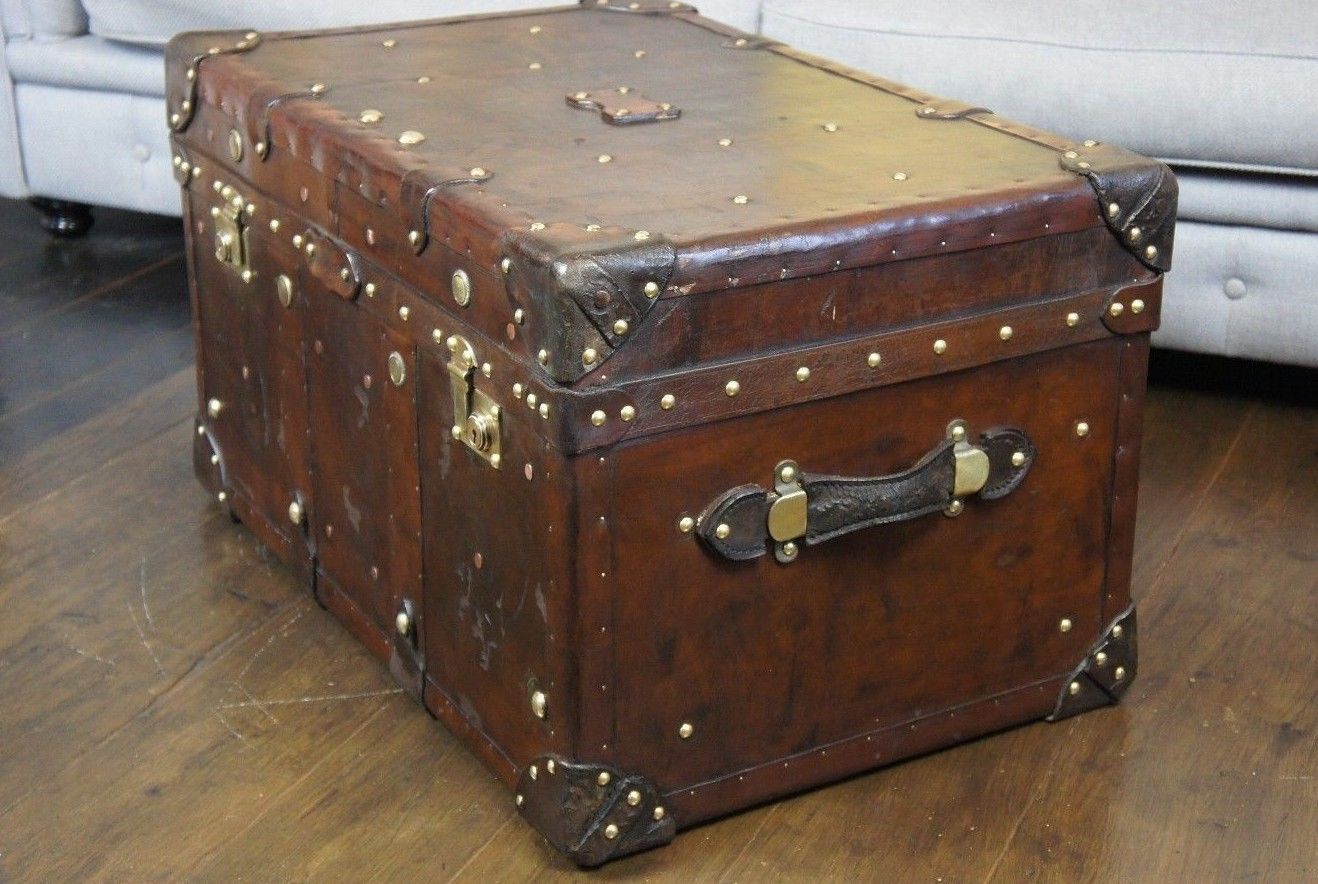 Finest Antique Leather Handmade Coffee Table Trunk Chest