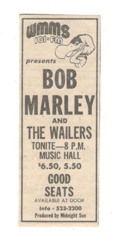 1975 BOB MARLEY CONCERT 1.5"X4" NEWSPAPER AD WMMS Music Hall Cleveland OH EBS16