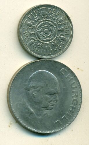 2 DIFFERENT COINS from GREAT BRITAIN - 2 SHILLINGS & 1 CROWN (BOTH DATING 1965)