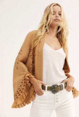 

Льняная куртка Free People с оборками и узором «пейсли-парк» с рукавами-колокольчиками и вышивкой Желто-коричневый  NWT, Tan gold