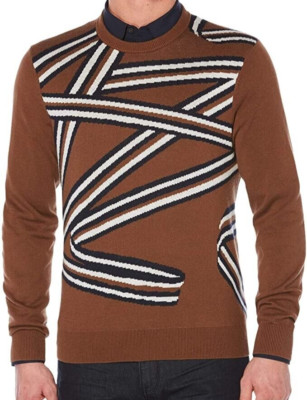Perry Ellis Men's Black-White-Brown Ribbon Tape Design Crew-neck Sweater, XXL