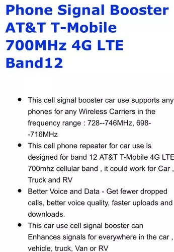 Phonelex Car Use Cell Phone Signal Booster AT&T T-Mobile 700MHz 4G LTE Band 12