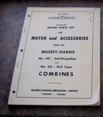 Original 1955 Massey Harris Motor 60 Combines Parts Repair Book Manual