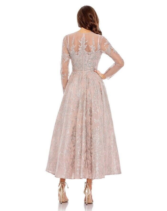 Pre-owned Mac Duggal Rose Beaded Floral Long Sleeve Illusion Lace Midi Gown Size 14 $698 In Pink