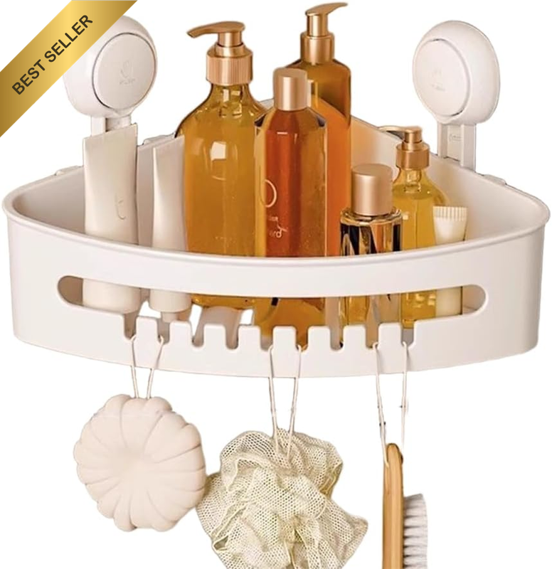 No-Drilling Corner Shower Caddy, Space Wall-Mounted Shelf with Hooks, Vacuum Suc