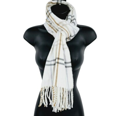 Cejon Scarf Striped Woven OS Fringed Trim Cream Grey Tan Ivy Italy New Acrylic