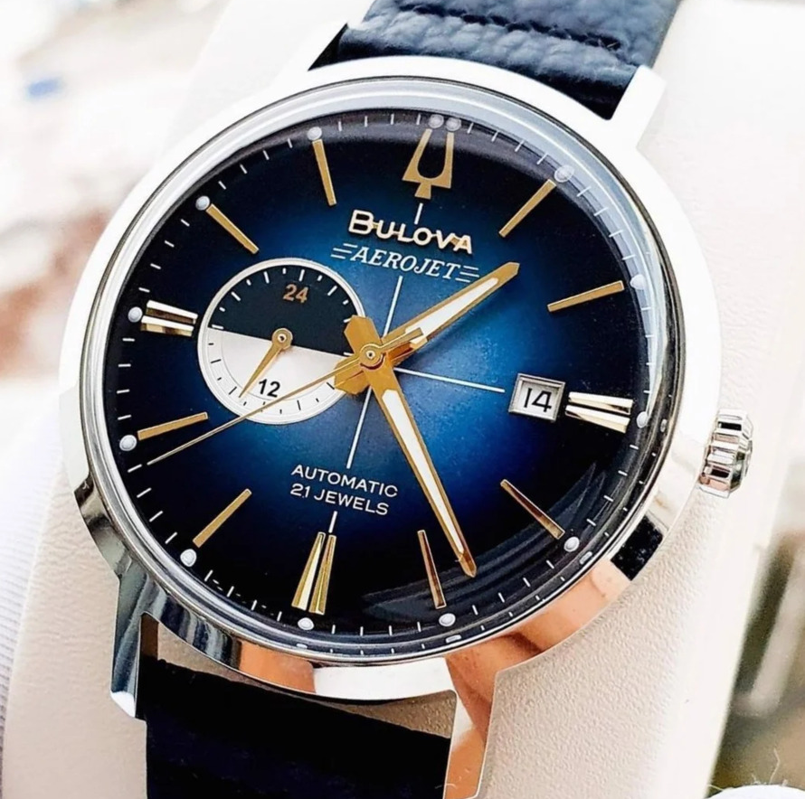 Pre-owned Bulova 96b374 Aerojet Automatic Men's Watch Blue Dial Leather Band