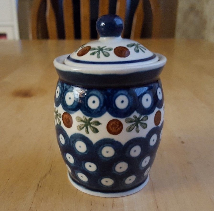 Small Vintage Polish Pottery Boleslawiec Blue Peacock Dots Canister 4