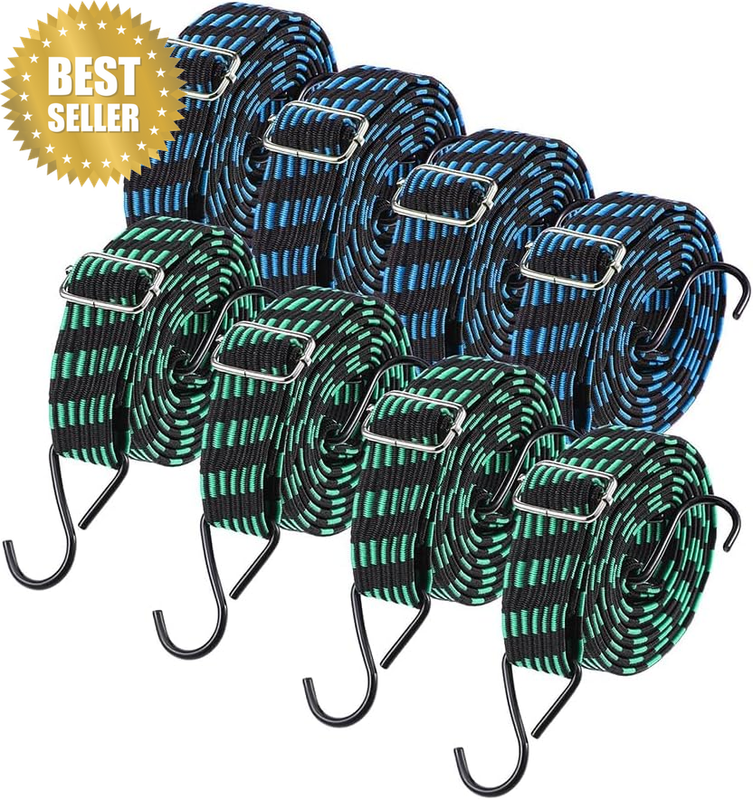 8 Pcs Flat Rubber Bungee Cords with Hooks, Heavy Duty Outdoor Elasticity Straps,