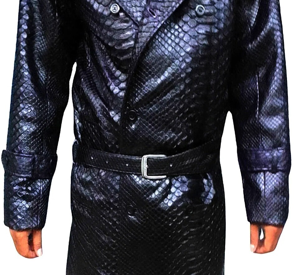 Pre-owned Handmade Man's Real Python Snake Skins Genuine Snake ? Hides Long Trench Coat All Sizes In Black