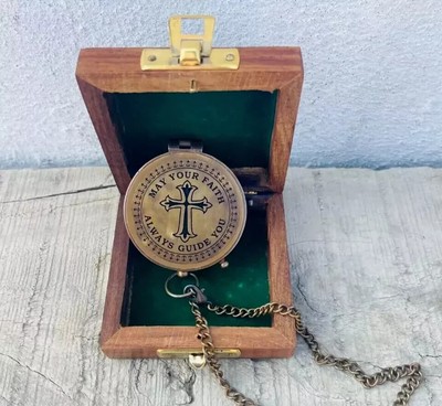 Nautical Brass Pocket Compass With Wooden Box Vintage Christmas Gift