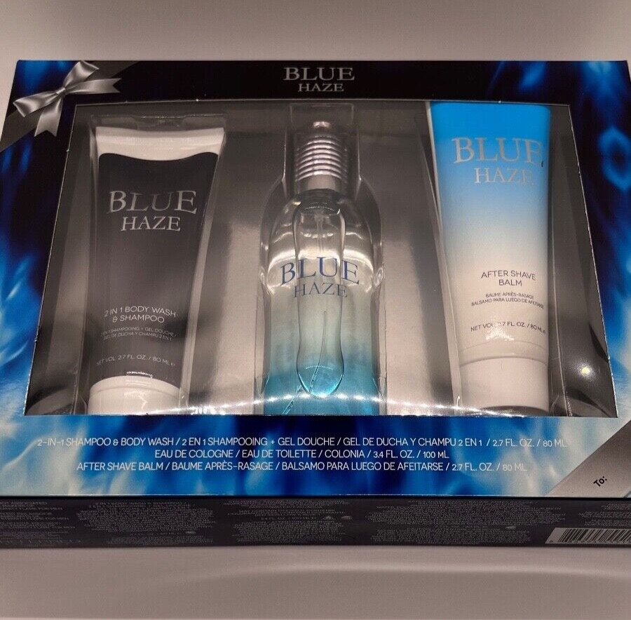Blue Haze Gift Box For Men Aftershave Balm, 2in1 Shampoo & Body Wash, Cologne