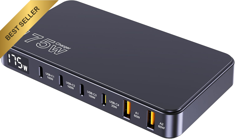 175W USB C Charger 6 Port GaN Fast Charging Station with LCD Display