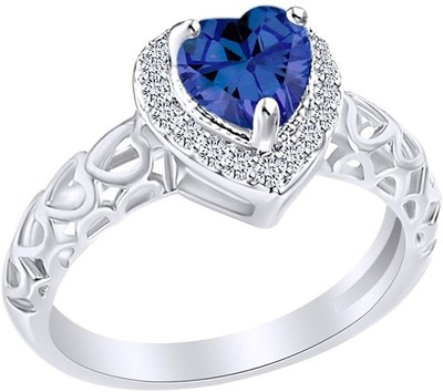 Heart Shape Simulated  Sapphire Halo Engagement Ring 14k White Gold Plated